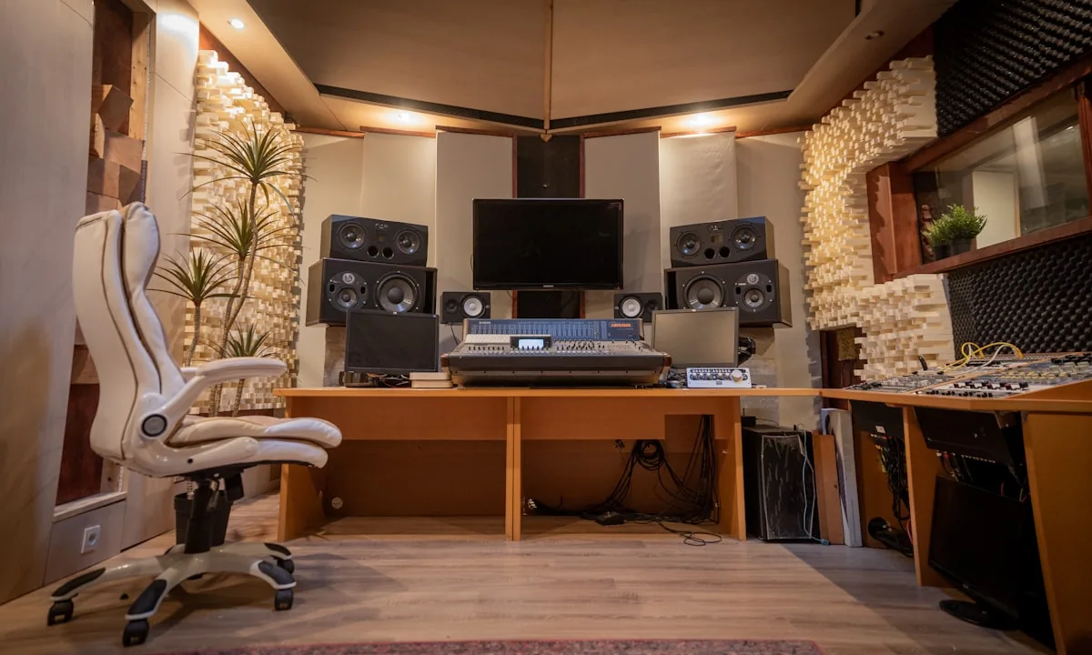 Microphone installé dans un studio d’enregistrement traité acoustiquement